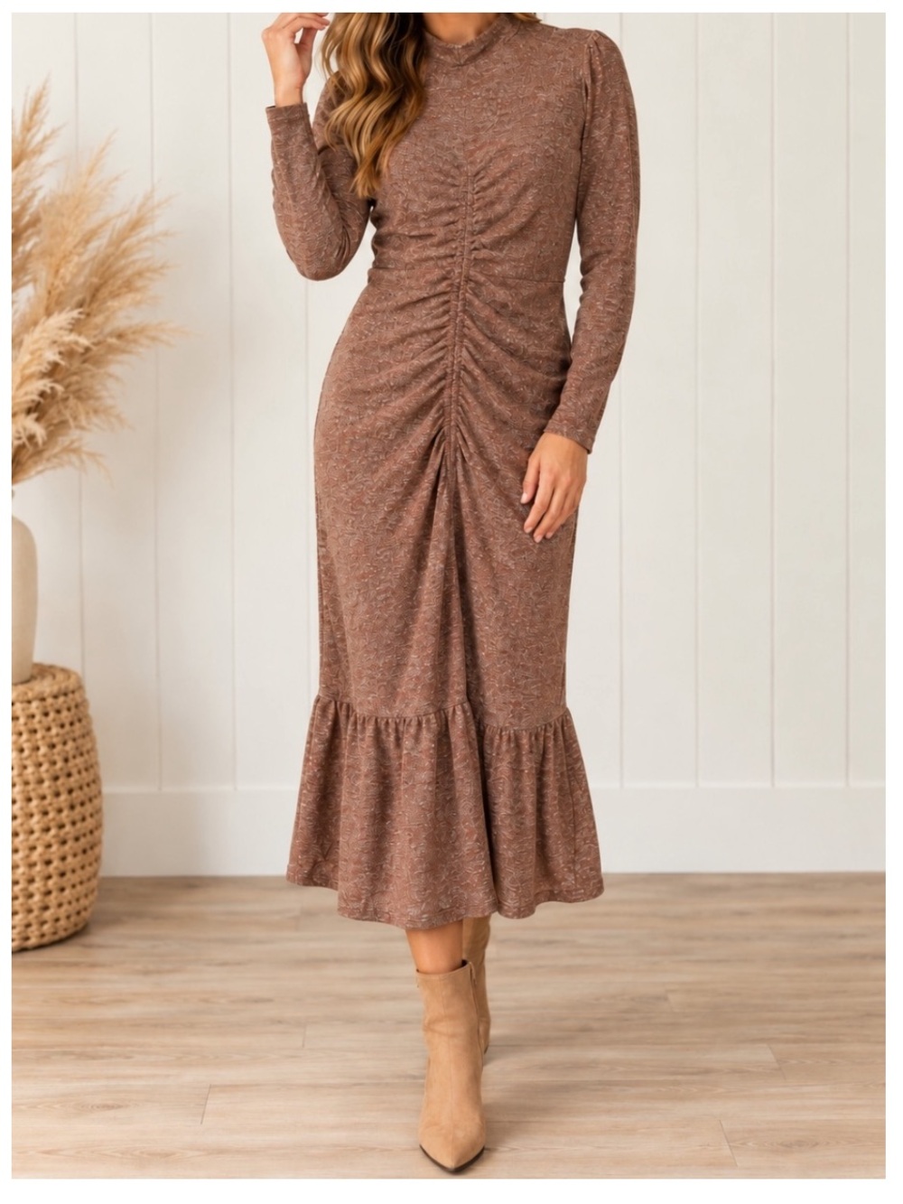 NWT COLLECTIVE CONCEPTS Ruched Long Sleeve Midi Dress in Copper Shimmer Knit